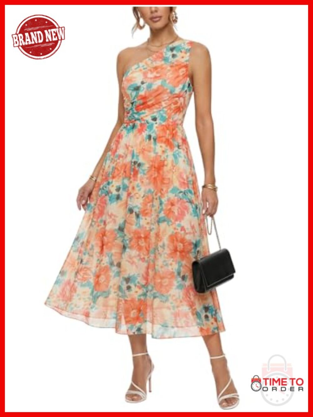 One Shoulder Midi Floral Dress Sleeveless Ruched Mesh Knit Asymmetric